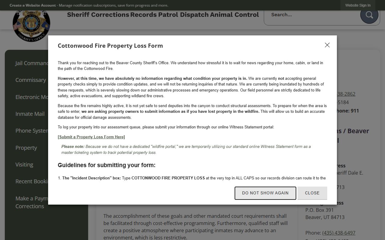 Beaver County inmate population corrections overview and jail contact page