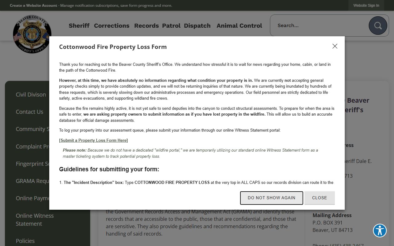 Beaver County inmate records GRAMA request and sheriff records page